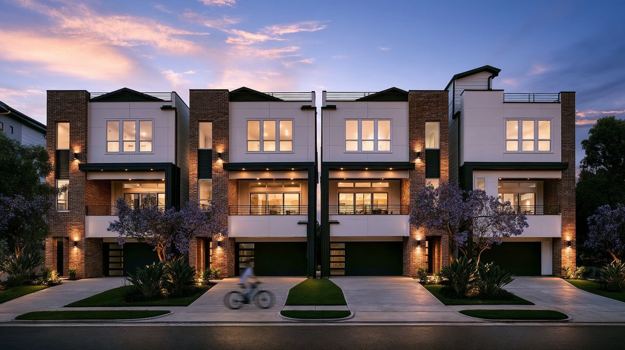 A row of contemporary three-storey brick-and-render townhouses at dusk on a Brisbane street, with jacaranda trees and a cyclist passing.