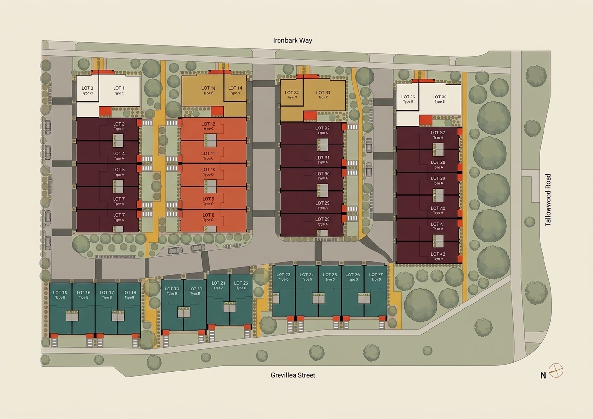 Illustrative site plan of a 42-lot, 3-storey townhouse development on individual lots, arranged around internal streets